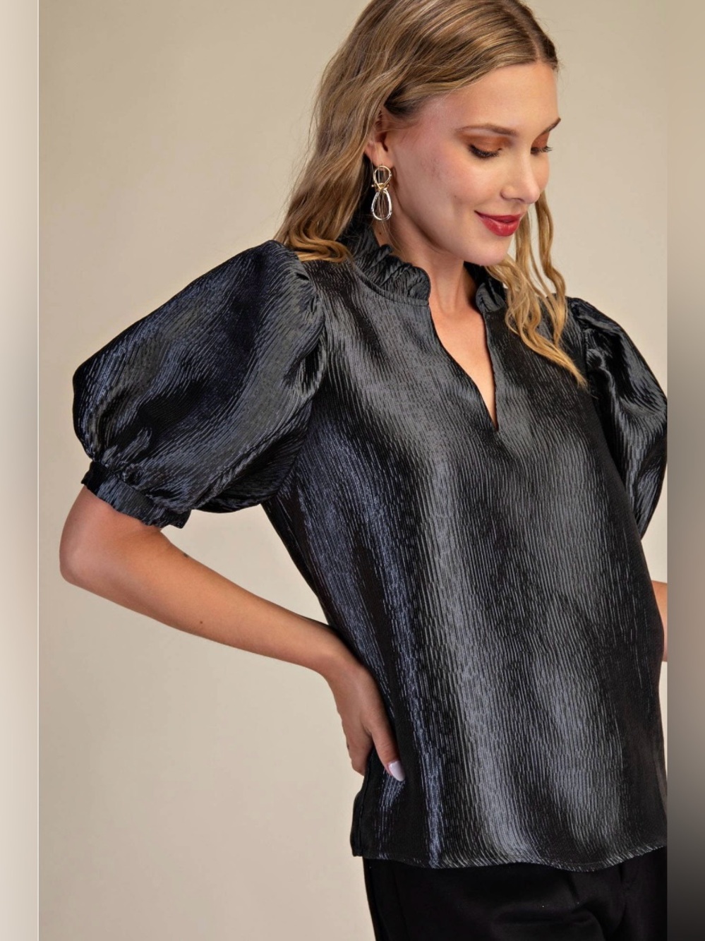 New Glam Puff Sleeve Black Top size Large